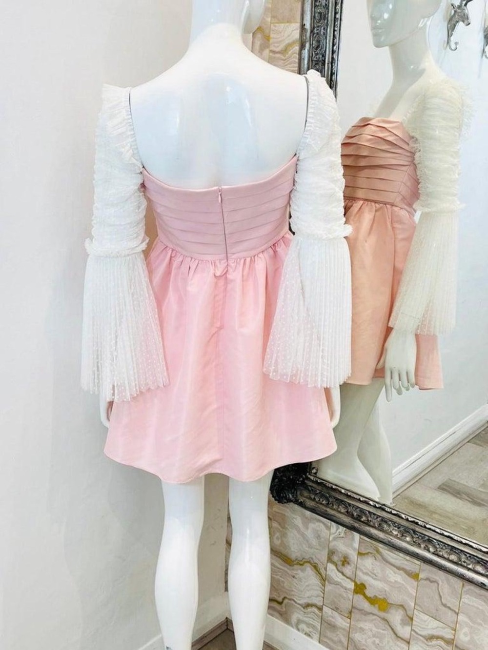 Self-Portrait Pale Pink Pleated Bodice Party Dress with Sheer Ruffle Sleeves